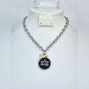 "DOG mom" Glass Dome - Bone & Crystal Bead Charms - Silver Tone Necklace